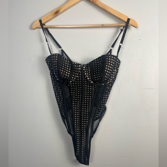 Victoria's Secret Black Mesh Corset Bodysuit 36C Sheer Bustier Lingerie - Picture 1 of 8